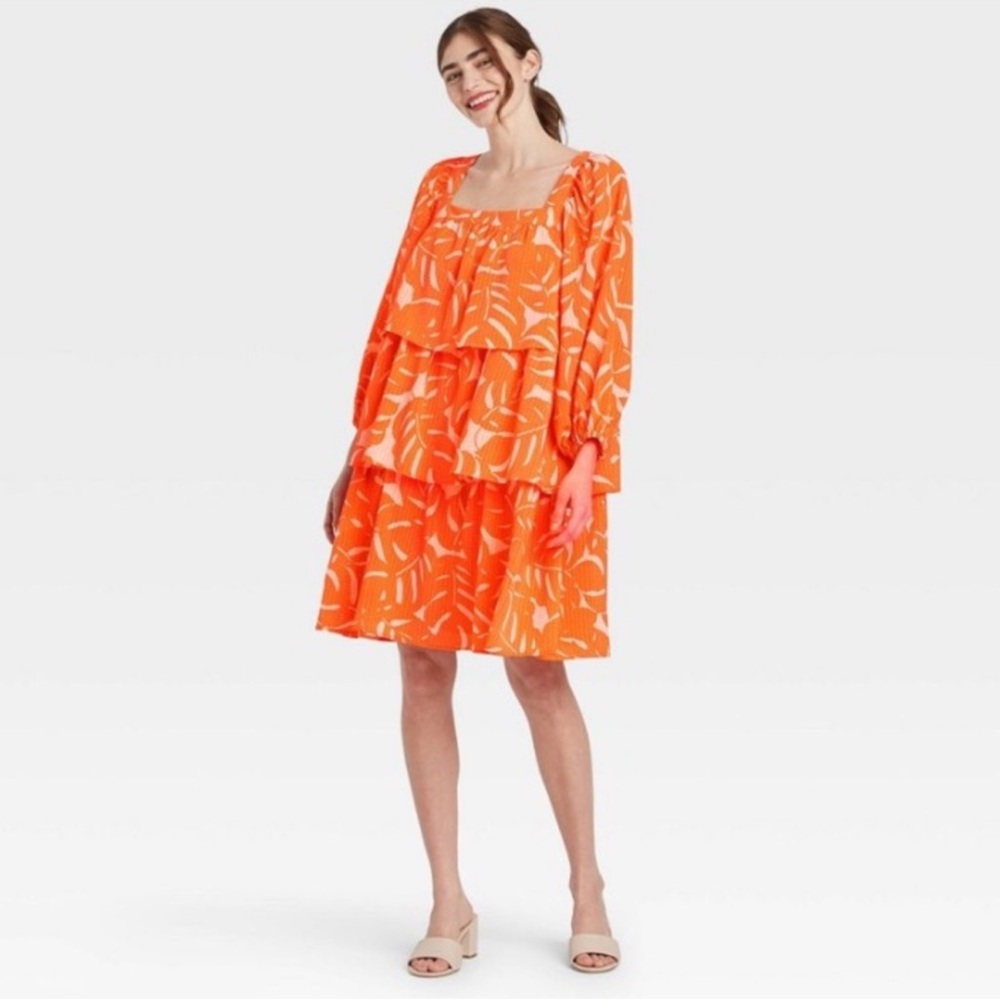 Orange Patterned Tiered Dress